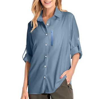 Женские солнцезащитные рубашки UPF 50 + с длинным рукавом, быстросохнущая уличная рубашка для рыбалки, пеших прогулок, блузки с отложным воротником и пуговицами Рубашка Blusas