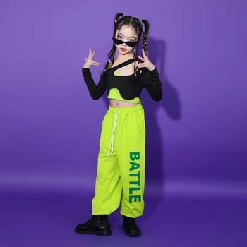 Детская подростковая одежда в стиле хип-хоп, футболка с длинным рукавом, уличная одежда, зеленые штаны для бега трусцой для девочек, джазовый танцевальный костюм, сценическая одежда