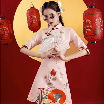 Весенне-Розовая Элегантная Стройная девушка 2023, китайское Ципао, Короткое Женское платье в современном винтажном стиле Чонсам в национальном стиле с модным принтом