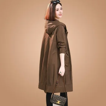 Корейская женская ветровка 2023, Весна-осень, Новое пальто с карманами средней и длинной длины, женский Свободный повседневный тренч с капюшоном