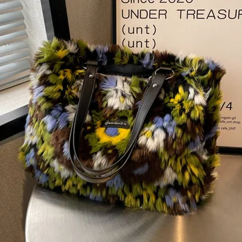 Нишевый дизайн, картина маслом, плюшевая сумка для женщин 2023, новая осенне-зимняя модная сумка-тоут, плюшевая сумка большой емкости
