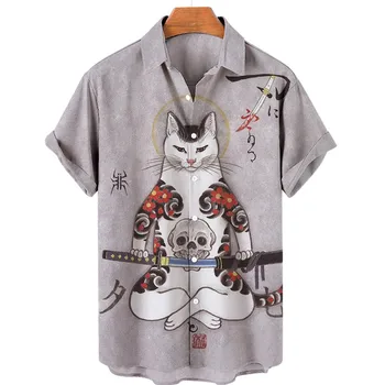 Однобортные рубашки с изображением Японского кота самурая, мужские и женские футболки в классическом художественном стиле, модные свободные топы с коротким рукавом.