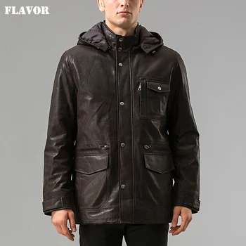 Мужская куртка из натуральной кожи, кожаное пальто из свиной кожи с капюшоном, куртка из натуральной кожи, мужское зимнее теплое пальто, мужское