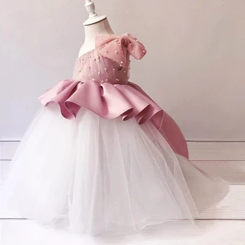 2023 Платье с покатыми плечами на 1-й день рождения для маленьких девочек, одежда для крещения, бусы, платье принцессы, платья для девочек, свадебный костюм с бантом