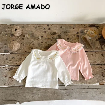 Весенне-осенняя хлопчатобумажная футболка для маленькой девочки, Розово-белая кружевная вышивка, воротник 