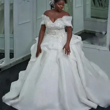 Модное расшитое бисером Африканское свадебное платье с открытыми плечами для невесты, бальное платье с рюшами, свадебные платья 2024