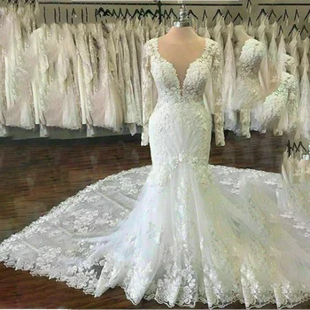 Модные свадебные платья с длинными рукавами 2022 Русалка Аппликации Свадебные платья из тюля Vestidos De novia Свадебные платья по индивидуальному заказу
