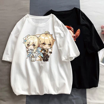 Новая футболка Genshin Impact Game, Женская Уличная одежда в стиле Харадзюку, Kawaii Lumine Klee, Топы с Мультяшной Графикой, Женская Повседневная Футболка Оверсайз