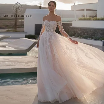 Свадебные платья Michelle Royce A-Ling 2020 с аппликацией в виде сердца и длинным рукавом, Свадебные платья с вырезом в виде часовни и шлейфа, Vestido De