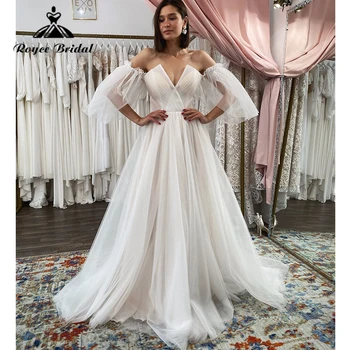 Свадебное Тюлевое платье с V-образным вырезом, Свадебное платье С рукавами vestido de novia sencillo y elegante на заказ
