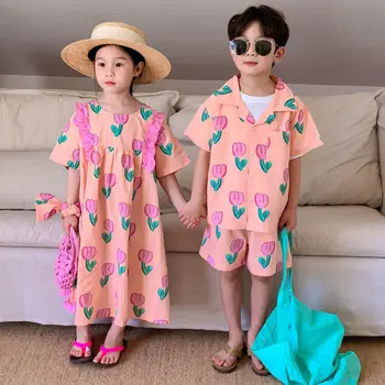 Летняя новая модная футболка с тюльпаном и короткими рукавами для мальчиков, удобный комплект домашней одежды для девочек, милое свободное платье в цветочек, универсальное бутик-платье