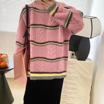 Пуловер в полоску контрастного цвета 2023, свитер ручной вязки, женский утолщенный нишевый дизайн, свободный трикотажный топ в ленивом стиле