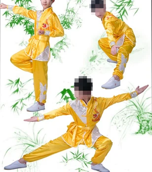 УНИСЕКС, 5 цветов, детская форма тайцзи, одежда с вышивкой дракона, костюмы для боевых искусств ушу кунг-фу с длинными рукавами, черный / красный